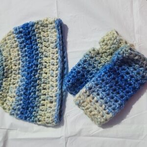 Handmade Crochet Chunky Blue and Cream Hat Beanie and Hand Warmer 3 Piece Set